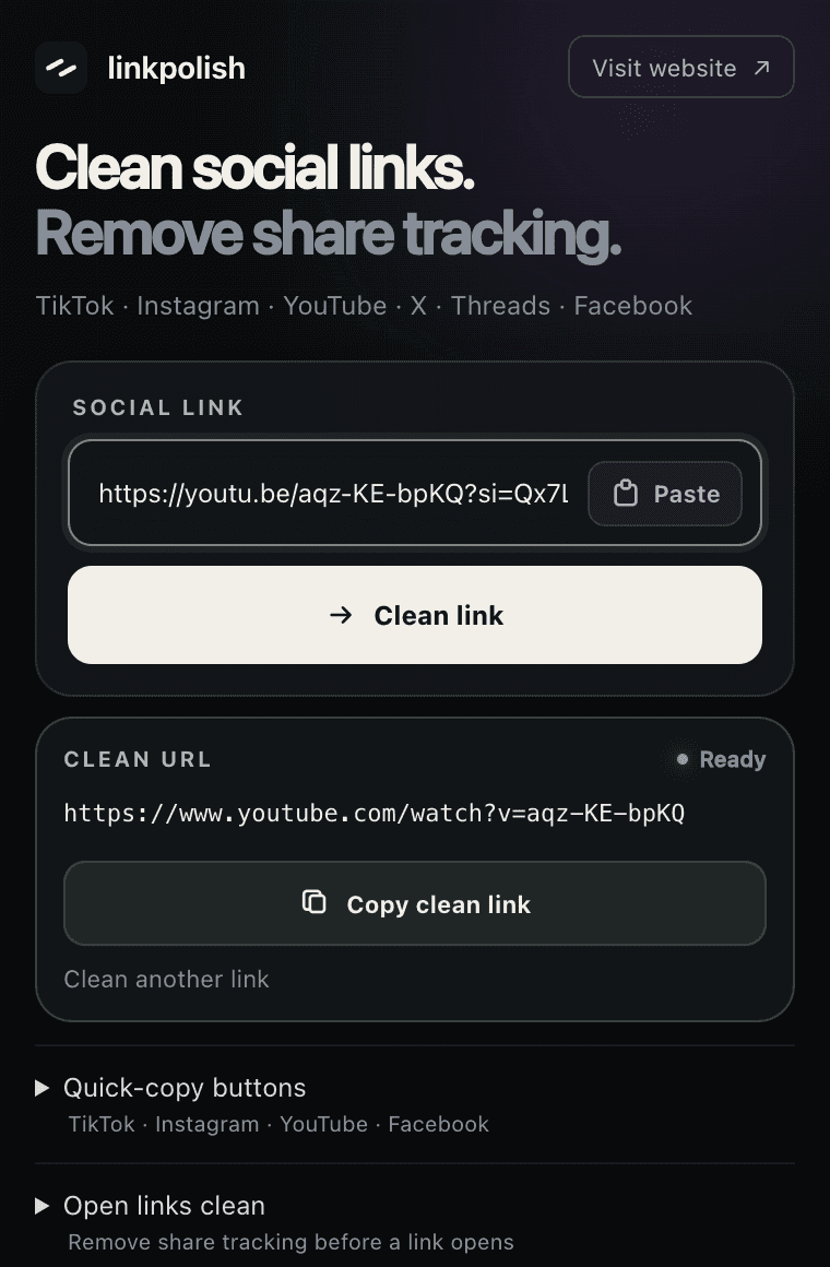 Popup Linkpolish hiển thị link YouTube đã làm sạch, sẵn sàng sao chép